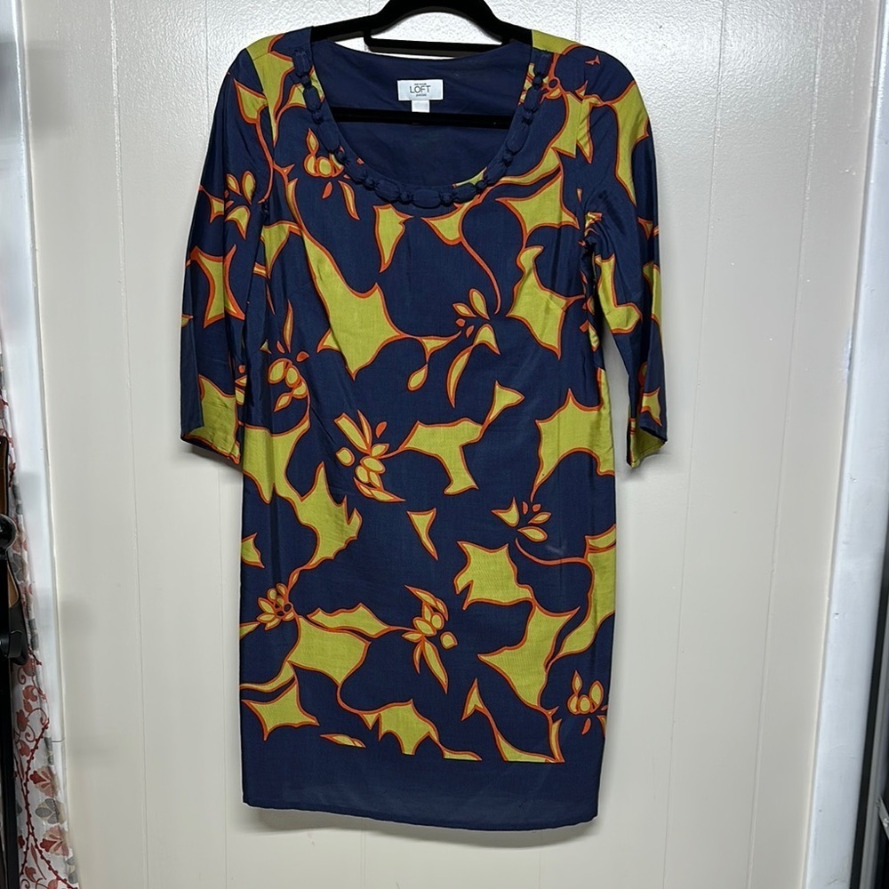 Loft Blue And Yellow Sheath Dress 3/4 Sleeve Scoop Neck
